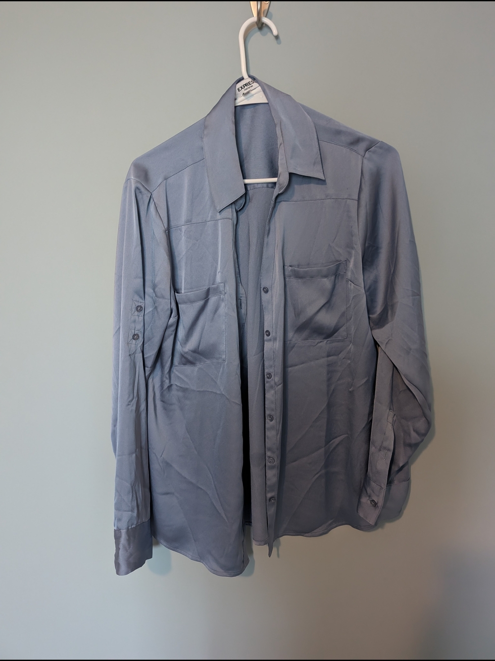Express Light Blue Satin Button-Front Shirt